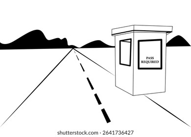 Simple nature drawing with toll booth and road with mountains isolated on white background - vector illustration