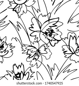 Fond floral nature simple. Motif sans pareille avec des fleurs dessinées à la main isolées en blanc. Image de trait .Dessin de contour. Style d'esquisse. Design de mode pour votre textile et tissu, enveloppement, n'importe quelle surface.