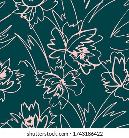 Simple nature floral background. Seamless pattern with hand drawn flowers. Line art .Contour drawing. Sketch style. Fashion design for your textile and fabric, wrapping, any surface.