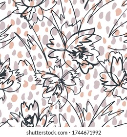 Simple nature floral background. Seamless pattern with flowers ans spotted texture. Line art .Contour drawing. Sketch style. Fashion design for your textile and fabric, wrapping, any surface.