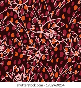 Simple nature floral background. Seamless pattern with flowers ans spotted texture. Line art .Contour drawing. Sketch style. Fashion design for your textile and fabric, wrapping, any surface.