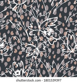 Simple nature floral background. Seamless pattern with flowers ans spotted texture. Line art .Contour drawing. Sketch style. Fashion design for your textile and fabric, wrapping, any surface.
