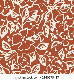 Simple Nature Floral Background. Seamless Pattern With Hand Drawn Meadow Flowers. Line Art .Contour Drawing. Sketch Style. Modern Fashion Design For Textile, Fabric, Wrapping, Any Surface.