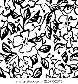 Simple nature floral background. Seamless pattern with hand drawn meadow flowers. Line art .Contour drawing. Sketch style. Modern fashion design for textile, fabric, wrapping, any surface.