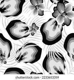 
Simple nature floral seamless pattern with tropical palm leaves and planbts foliage on white background. floral wallpaper. tropical illustfration. monochromatic design. Exotic tropics. Summer design
