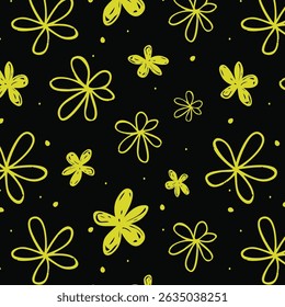 Simple nature floral vector background. Seamless pattern with hand drawn daisy flowers. Line art. Contour drawing. Fashion design for your textile and fabric, wrapping, any surface.