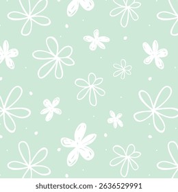 Simple nature floral vector background. Seamless pattern with hand drawn daisy flowers. Line art. Contour drawing. Fashion design for your textile and fabric, wrapping, any surface.