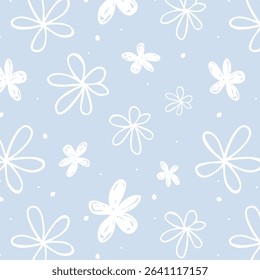 Simple nature floral vector background. Seamless pattern with hand drawn daisy flowers. Line art. Contour drawing. Fashion design for your textile and fabric, wrapping, any surface.