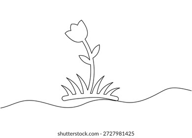 Ilustración de contorno minimalista de dibujo de una línea de arte continuo de hierba y flor de naturaleza simple