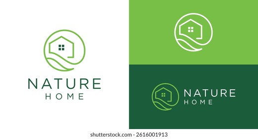 Simple nature home logo template. Home with leaf logo design vector illustration.