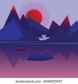 Simple nature landscpae with mountain and reflection, water lake and red moon. Night time scenery vector illustration.