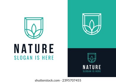 Simple Nature Leaf Leaves Shield Protect Forest Retro Emblem Logo Design Branding Template