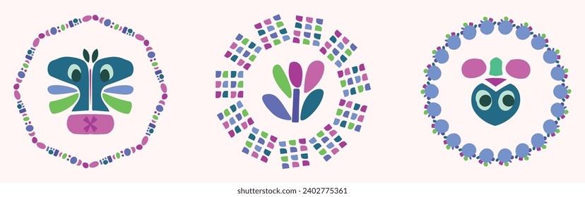 Simple nature leaf and monster illustration set in decorative wreath for kids flower animal vector motif. Whimsical colorful drawing in happy nature style. 
