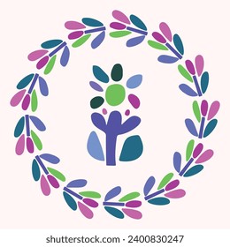 Simple nature leaf in wreath illustration in bold style for kids flower graphic design. Whimsical colorful vector drawing in frame happy folklore style. 