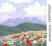 Simple nature scene with blue sky, cloud, flying birds, mountains, red poppy and wildflowers field. Serenity landscape vector minimalistic illustration.