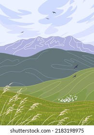 Simple nature scene with blue sky, mountains, hills, meadow, green grass, wild cereals and flying birds. Serenity landscape vector minimalistic illustration.