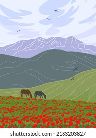 Simple nature scene with blue sky, mountains, red poppy field, horses and flying birds. Serenity landscape vector minimalistic illustration.