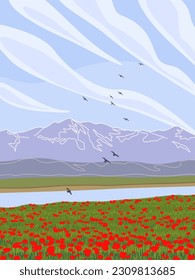 Simple nature scene with blue sky, mountains, river, red poppy field and flying birds. Serenity landscape vector minimalistic illustration.
