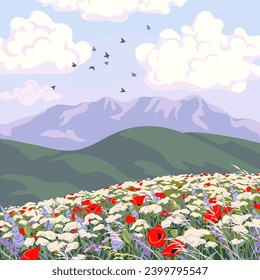 Simple nature scene with blue sky, cloud, flying birds, mountains, red poppy and wildflowers field. Serenity landscape vector minimalistic illustration.