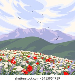 Simple nature scene with blue sky, cloud, flying birds, mountains, red poppy and wildflowers field. Serenity landscape vector minimalistic illustration.