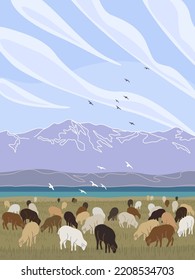 Simple nature scene with mountains, cloud in blue sky, sheep grazing on green lawn and flying birds. Serenity landscape with farm animal flock vector minimalistic illustration. 