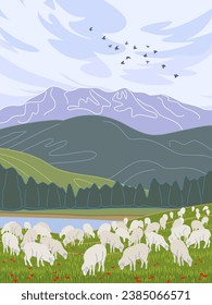 Simple nature scene with mountains, cloud in blue sky, white sheep grazing on green lawn and flying birds. Serenity landscape with farm animal flock in vector minimalistic illustration. 