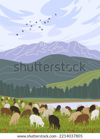 Simple nature scene with mountains, cloud in blue sky, sheep grazing on green lawn and flying birds. Serenity landscape with farm animal flock in vector minimalistic illustration. 