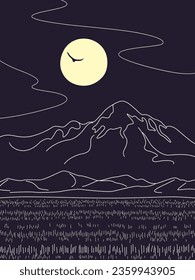 Simple nature scene with mountains, field and moon. Line drawing night serenity landscape with moon light. Vector minimalistic illustration. 