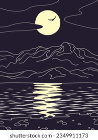 Simple nature scene with mountains, moon, sea and reflection on water. Line drawing night serenity landscape with moon light. Vector minimalistic illustration. 