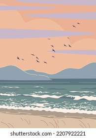 Simple Nature Scene With Red Sky, Mountains, Sea Waves, And Flying Birds. Bird Flock Silhouette At Dawn Or Sunset. Serenity Seacoast Landscape Vector Minimalistic Illustration.