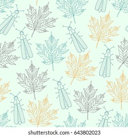 Simple nature seamless pattern. Adorable bugs and colorful leaves. 