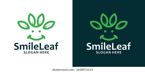 Simple Nature Smile Logo Vector with swirling leaves. Graphic Icon Illustration of Tree Leaf and Smile Face.