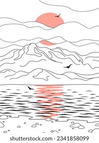 Sencilla escena de puesta de sol natural con sol rojo, montañas monocromas, mar y pájaros voladores. El paisaje de serenidad de dibujo de líneas. Ilustración minimalista vectorial.