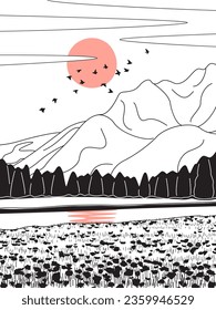 Simple nature sunset or sunrise scene with red sun, monochrome mountains, forest, river, wildflowers field and flying birds. Line drawing serenity landscape. Vector minimalistic illustration.