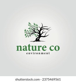 simple nature tree logo vector, design of half a tree covered in leaves, the other half dead. illustration of global warming on earth