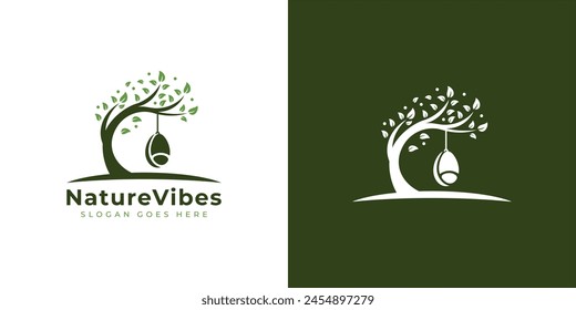 Simple Nature Vibes Logo. Tree and Hanging Chair, Swing Chair with Minimalist Style. Park, Garden Logo Icon Symbol vector Design Inspiration.