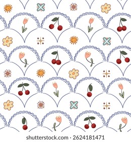 Simple nature vintage ornament with cherry, flowers, doodle elements vector seamless pattern