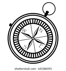 Simple nautical compass  showing directions: west, east, south, north in black and white in geometric monochrome star style pointers
