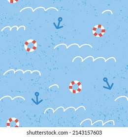 Simple nautical print. Red life buoys, waves and anchor on a blue background. Childish seamless pattern in doodle style. Vector drawing.