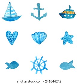 Simple nautical watercolor icons: anchor, ship, star fish and shell. Vector illustrations isolated on white background.