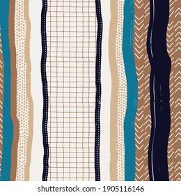Simple navy, camel, azure blue, beige  Geometric Vector Seamless Pattern with Stripes, Spots and Dots. Irregular Dotted Vector Print. Striped Backdrop.