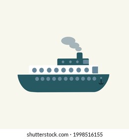 Simple Navy Toy Ship, Side View. Cute Kid Transport. Vector Drawn Flat Illustration, Clipart, Sticker.