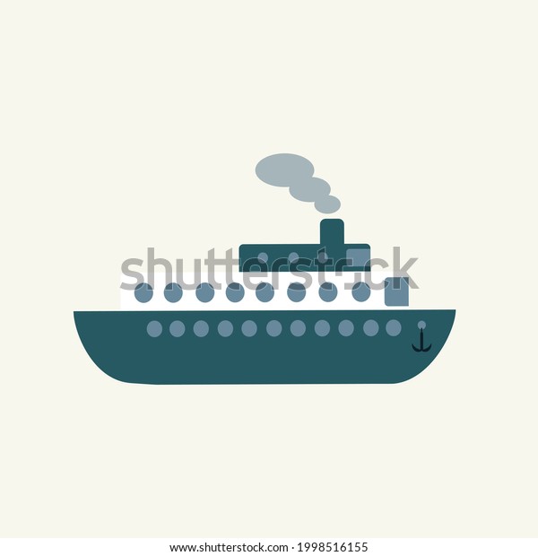 Simple navy toy ship,
side view. cute kid transport. Vector drawn flat illustration,
clipart, sticker.