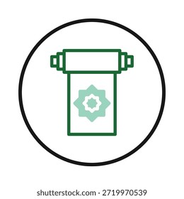 Uma imagem simples e elegante apresenta uma esteira de oração enrolada com um desenho geométrico de estrela, encapsulada dentro de um círculo preto. Os contornos verdes e o interior claro criam uma ilustração minimalista serena