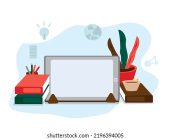 A simple and need-oriented office desk. What digital life brings to our lives. Technology and office life concepts. A planned business life. Digital library.