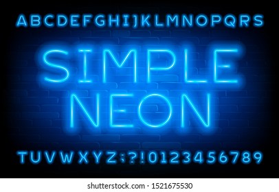 Simple Neon alphabet font. Blue neon light letters and numbers on brick wall background. Stock vector typescript for your typography design.