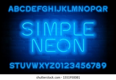 Simple Neon alphabet font. Blue neon light type letters and numbers. Brick wall background. Stock vector typeface for your typography design.