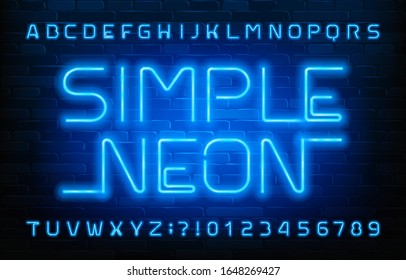 Simple Neon alphabet font. Blue light letters and numbers. Brick wall background. Stock vector typeface for your typography design.