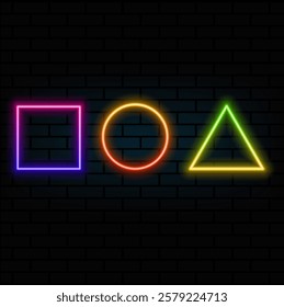 Simple neon geometric shapes signs on dark background vector.