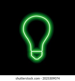 Simple neon green light bulb outline on black background. Vector illustration